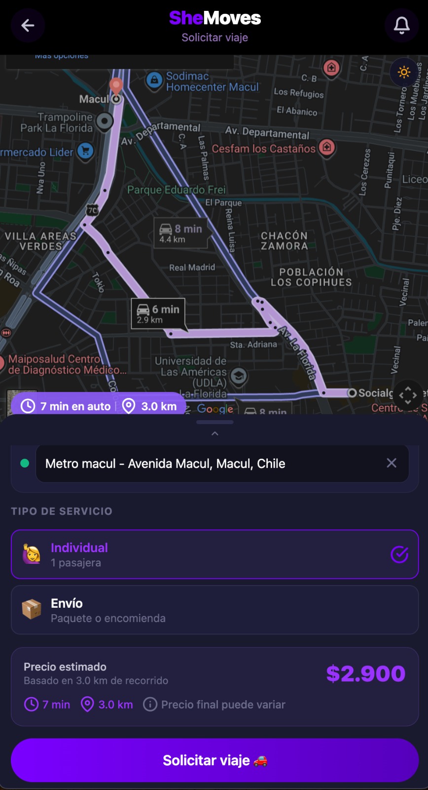 Solicitar viaje SheMoves